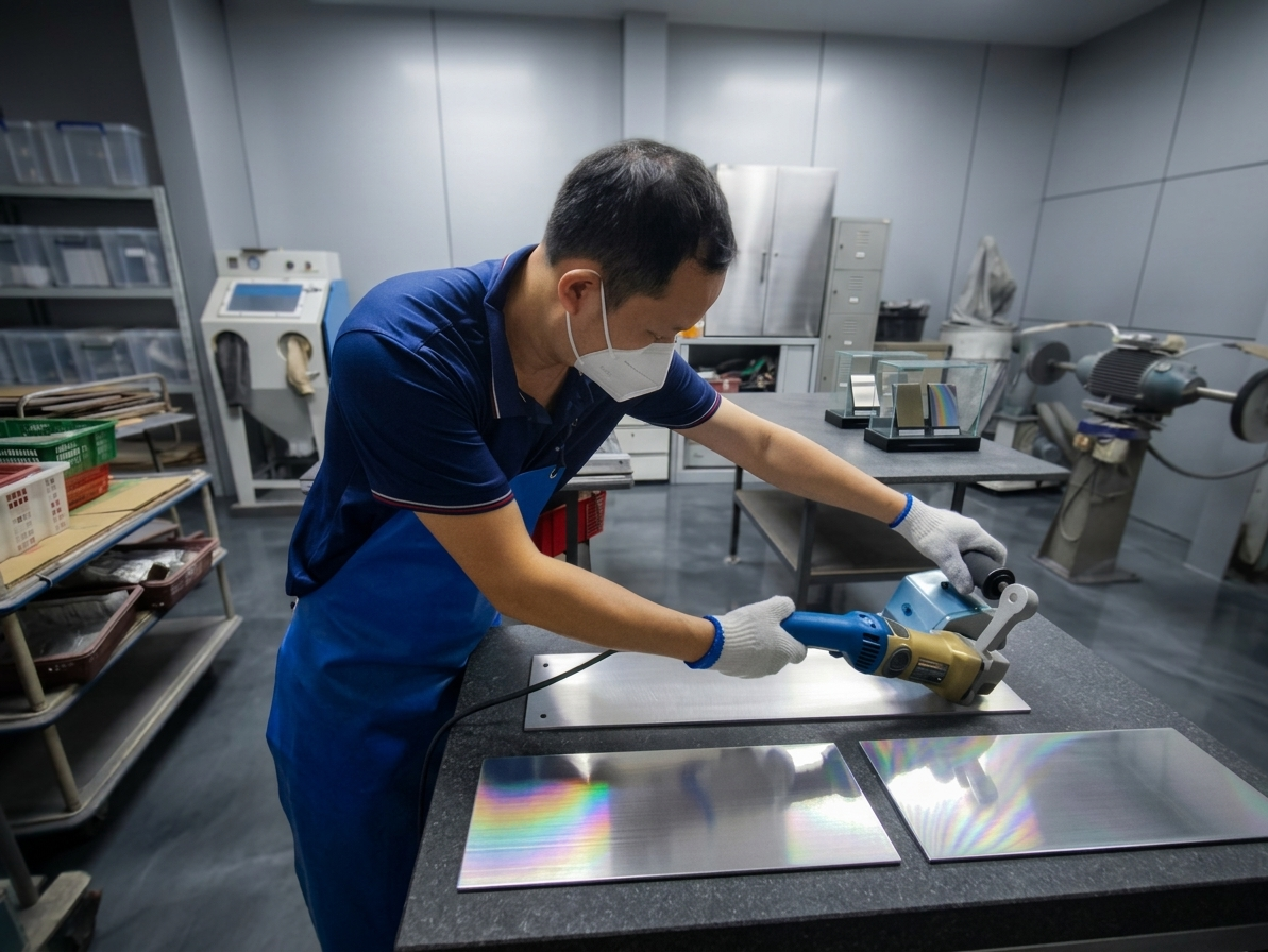 Hairline buffing and polishing in Singapore — satin hairline finished metal surfaces by Active Treatment Pte Ltd